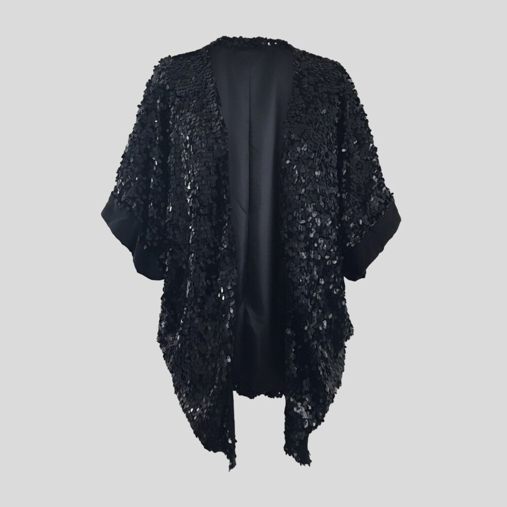 Upson Downes Black Sequin Kimono Sleeve Satin Evening Jacket Womens Size M